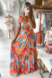 Multicolor Vibrant Tropical Print Smocked Ruffle Tiered Maxi Dress