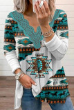 Aztec Print V Neck Lace Edge Long Sleeves Top