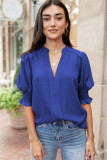 Blue Solid Color Half Sleeve V Neck Blouse