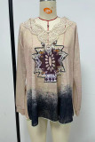 Aztec Print V Neck Lace Edge Long Sleeves Top