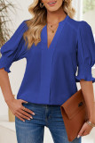 Blue Solid Color Half Sleeve V Neck Blouse