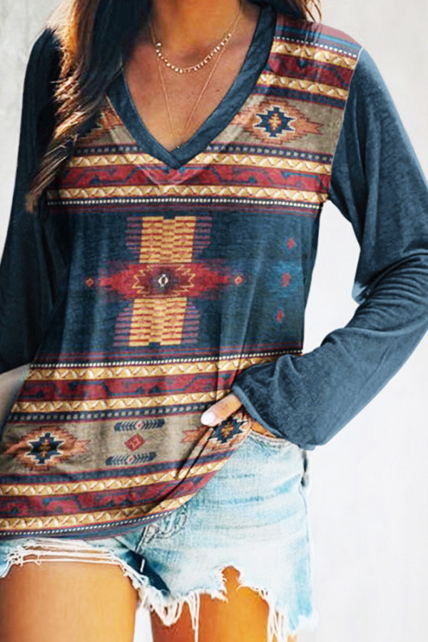 V Neck Aztec Print Long Sleeves Top