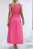 Plain One Shoulder Smocked Waist Maxi Dress