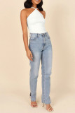 Plain Knit Rib Halter Crop Tank Top