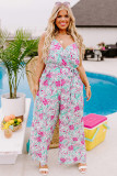 Rose Tropical Floral Spaghetti Straps Belted Plus Size Jumpsuit