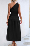 Plain One Shoulder Smocked Waist Maxi Dress