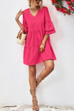 Plain V Neck Ruffles Sleeves Tiered Dress