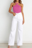 Plain Knit Rib Halter Crop Tank Top