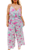 Rose Tropical Floral Spaghetti Straps Belted Plus Size Jumpsuit