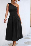 Plain One Shoulder Smocked Waist Maxi Dress
