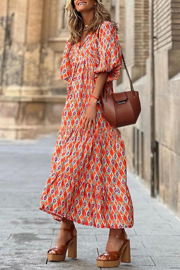 Ethnic Geometry Print Bubble Sleeve Maxi Dress