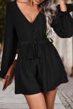 Plain V Neck Button Romper With Sash