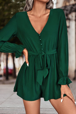 Plain V Neck Button Romper With Sash