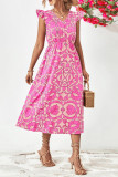 V Neck Buttoned Flutter Sleeves Maxi Floral Dress