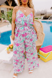 Rose Tropical Floral Spaghetti Straps Belted Plus Size Jumpsuit