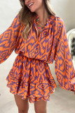 Orange Aztec Bubble Sleeve High Waist Romper