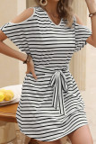 Cold Shoulder Striped T-Shirt Dress With Sash