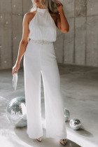 White Button Halterneck Elegant Wide Leg Jumpsuit