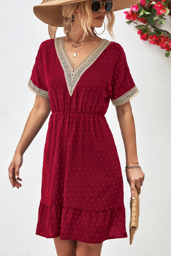 V Neck Lace Edge Swiss Dot Short Sleeves Top