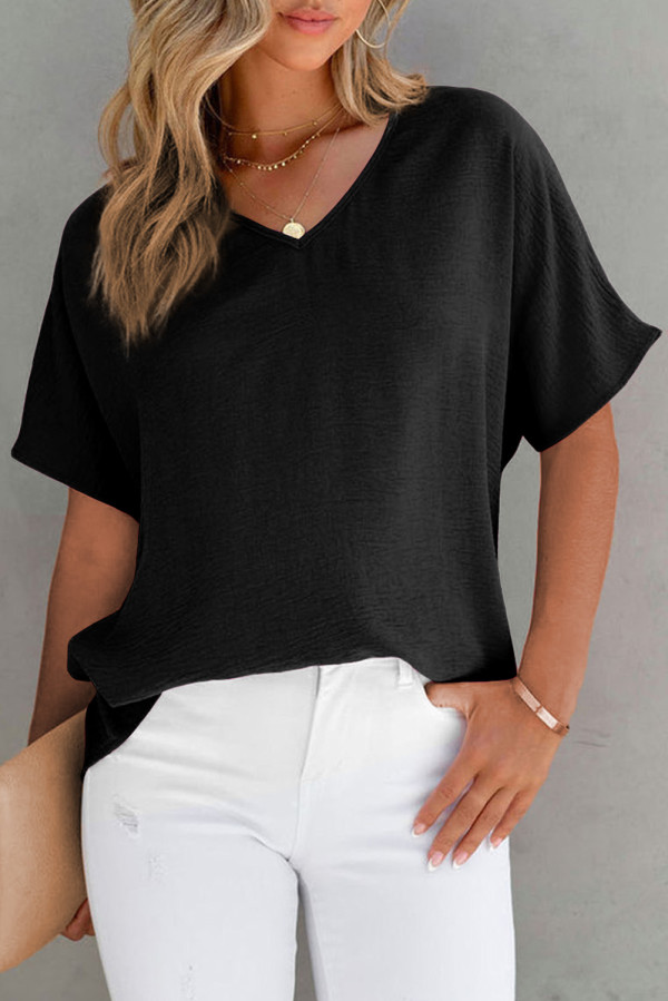 Black Solid V Neck Short Sleeve Blouse