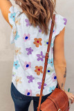 White Flower Print Notch V-Neck Flutter Sleeveless Tank