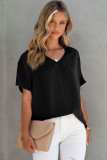 Black Solid V Neck Short Sleeve Blouse