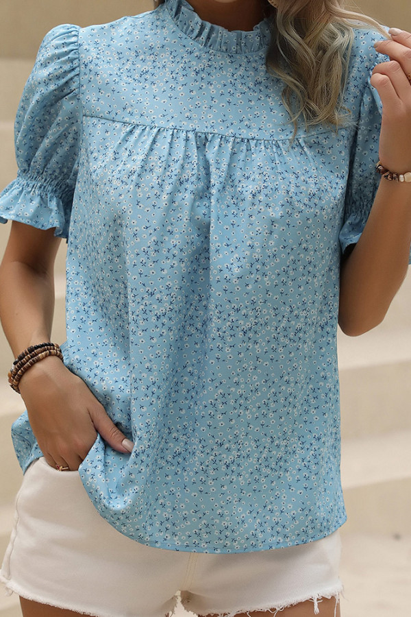 Frilled Puff Short Sleeves Floral Blouse
