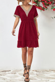 V Neck Lace Edge Swiss Dot Short Sleeves Top
