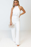 White Button Halterneck Elegant Wide Leg Jumpsuit