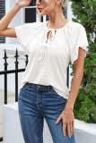 Plain Eyelet Pattern V Neck Front Tie Batwing Sleeves Top