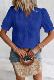 Plain Texture Stripe V Neck Lace Edge Puff Blouse