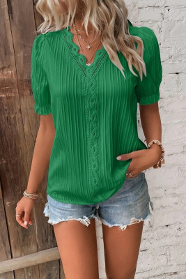 Plain Texture Stripe V Neck Lace Edge Puff Blouse