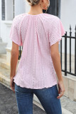 Plain Eyelet Pattern V Neck Front Tie Batwing Sleeves Top