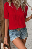 Plain Texture Stripe V Neck Lace Edge Puff Blouse