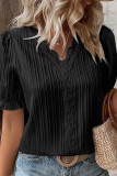 Plain Texture Stripe V Neck Lace Edge Puff Blouse