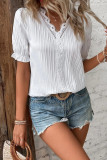 Plain Texture Stripe V Neck Lace Edge Puff Blouse