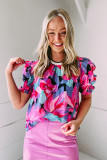 Red Floral Print Shirred Puff Sleeve Blouse