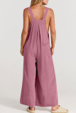 Plain Button Strap Pockets Wide Leg Jumpsuit