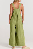 Plain Button Strap Pockets Wide Leg Jumpsuit