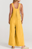 Plain Button Strap Pockets Wide Leg Jumpsuit