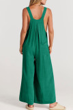 Plain Button Strap Pockets Wide Leg Jumpsuit