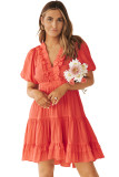 Orange Ruffle V Neck Tiered Puff Sleeve Mini Dress