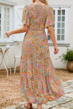 Brown Vintage Floral Smocked Bodice Flare Sleeve Tiered Long Dress