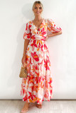 Red Short Puff Sleeve Floral Tiered Maxi Dress