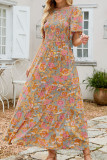 Brown Vintage Floral Smocked Bodice Flare Sleeve Tiered Long Dress