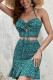 Turquoise Ruched Smocked Front Tie Crop Top With Skirt Two Pieces Floral Dress
