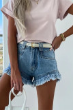 Sky Blue Raw Hem Acid Wash Denim Shorts