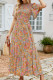 Brown Vintage Floral Smocked Bodice Flare Sleeve Tiered Long Dress