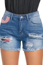 Ripped Raw Hem US Flag Patchwork Denim Short