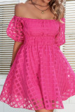 Rose Pink Texture Mesh High Waist Off Shoulder Dress